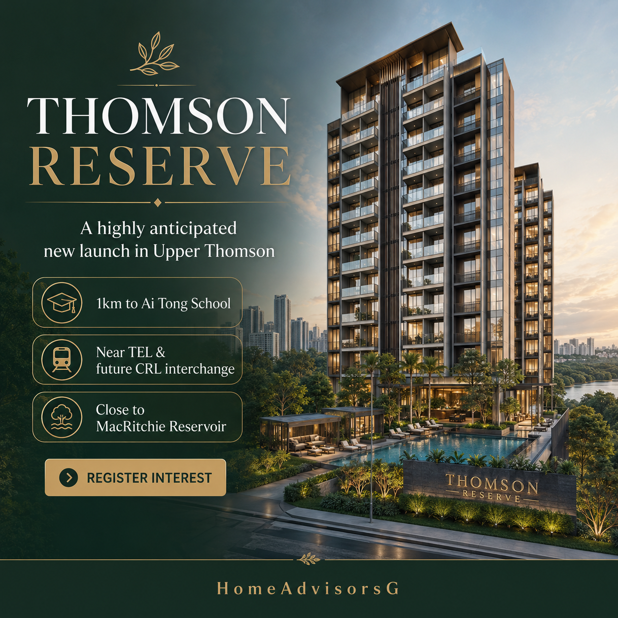 Premium Thomson Reserve new launch condo graphic featuring a modern luxury condominium in lush greenery, with highlights including 1km to Ai Tong School, near TEL and future CRL interchange, and close to MacRitchie Reservoir.